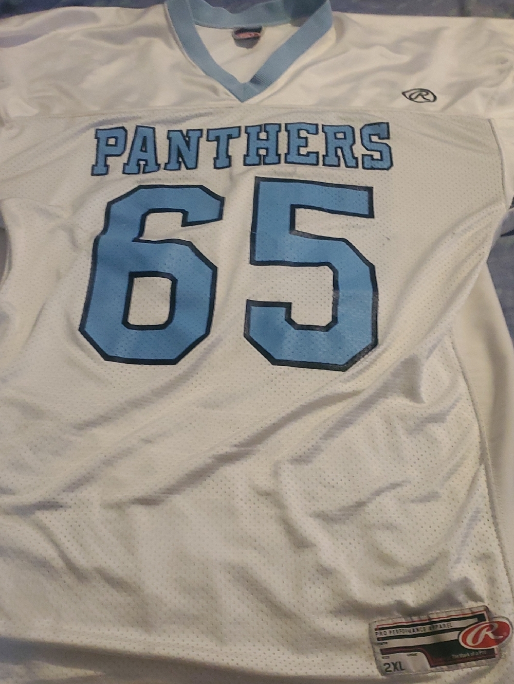 Rawlings White and Light Blue Panthers #65 Jersey...